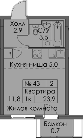 Планировка Студии 23.9 м² в ЖК «Витебский парк», корпус 6