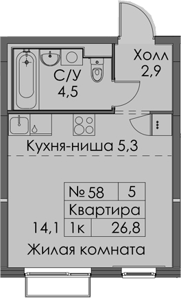 Планировка Студии 26.8 м² в ЖК «Витебский парк», корпус 6