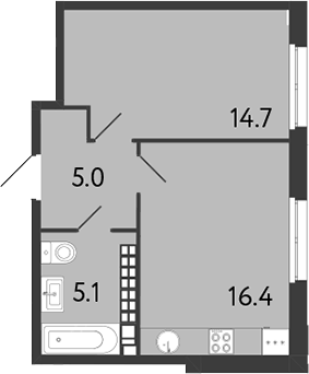 Планировка евродвушка (2Е) 41.2 м² в ЖК «Визионер», корпус 1