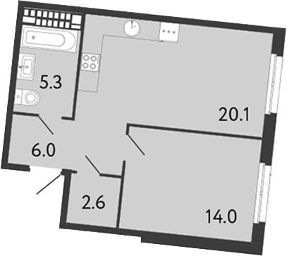 Планировка евродвушка (2Е) 48 м² в ЖК «Визионер», корпус 2
