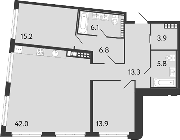 Планировка евротрёшка (3Е) 107.1 м² в ЖК «Визионер», корпус 2