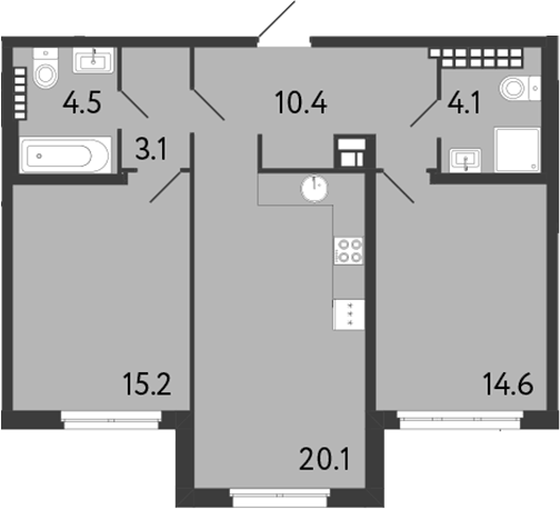 Планировка евротрёшка (3Е) 72 м² в ЖК «Визионер», корпус 1