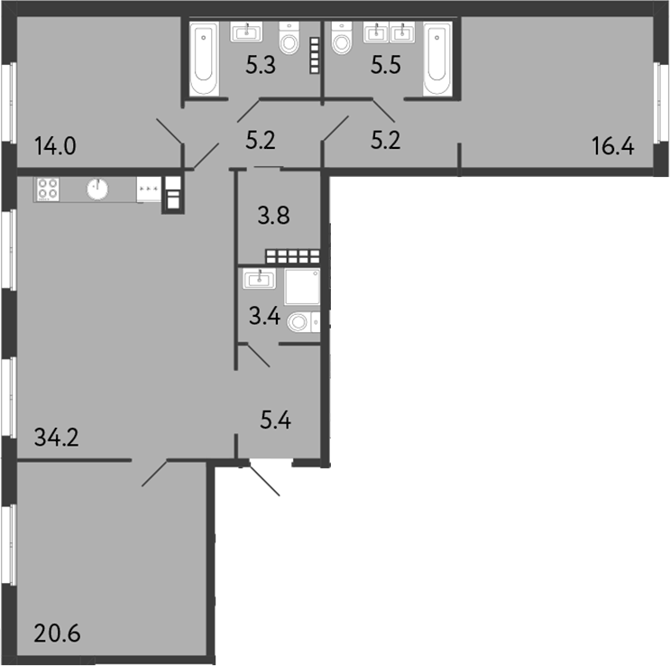 Планировка евро-4 (4Е) 119 м² в ЖК «Визионер», корпус 1
