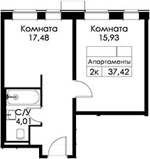 Планировка однокомнатная 36.3 м² в ЖК «Вольта», корпус 2