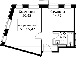 Планировка однокомнатная 37.6 м² в ЖК «Вольта», корпус 2