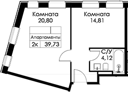 Планировка однокомнатная 38 м² в ЖК «Вольта», корпус 2