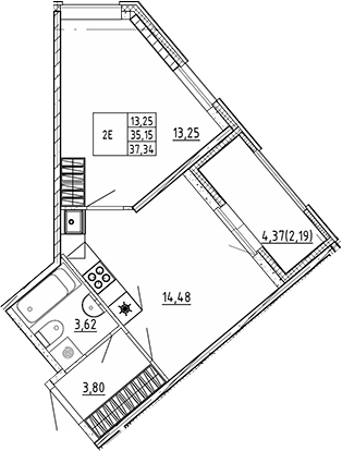Планировка однокомнатная 37.34 м² в ЖК «Квартал Воронцовский», корпус Б