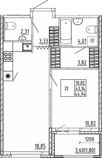 Планировка евродвушка (2Е) 44.94 м² в ЖК «Квартал Воронцовский», корпус В