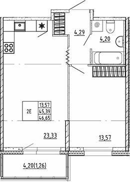 Планировка евродвушка (2Е) 46.65 м² в ЖК «Квартал Воронцовский», корпус Б