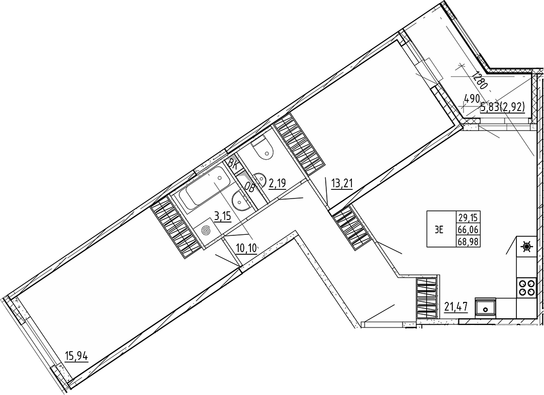 Планировка евротрёшка (3Е) 68.98 м² в ЖК «Квартал Воронцовский», корпус В