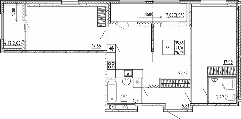 Планировка евротрёшка (3Е) 76.79 м² в ЖК «Квартал Воронцовский», корпус В