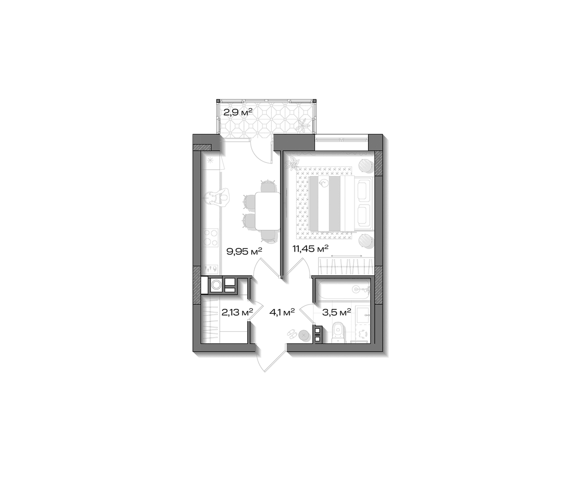 Планировка однокомнатная 32 м² в ЖК «Аксиома.Возрождение», корпус 1