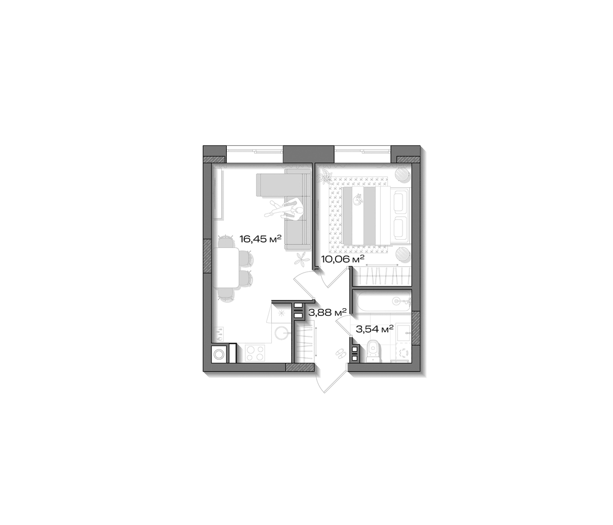 Планировка евродвушка (2Е) 33.93 м² в ЖК «Аксиома.Возрождение», корпус 1