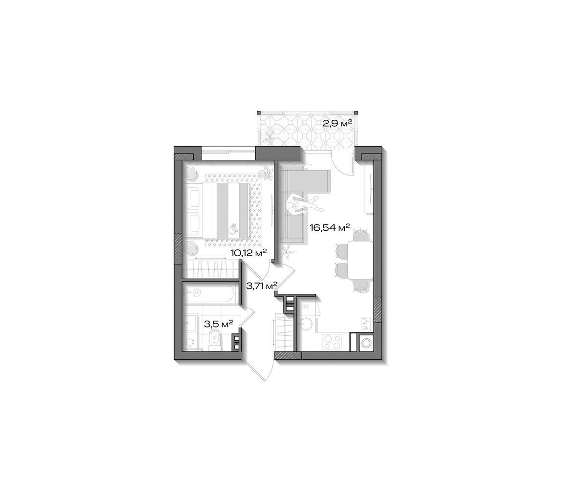 Планировка евродвушка (2Е) 34.74 м² в ЖК «Аксиома.Возрождение», корпус 1
