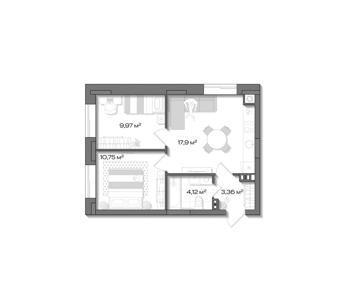 Планировка евротрёшка (3Е) 46.1 м² в ЖК «Аксиома.Возрождение», корпус 1