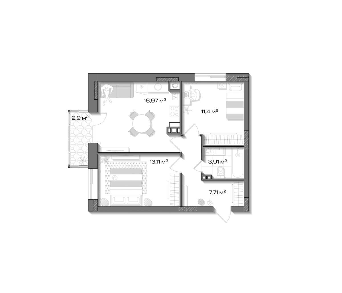 Планировка евротрёшка (3Е) 53.97 м² в ЖК «Аксиома.Возрождение», корпус 1