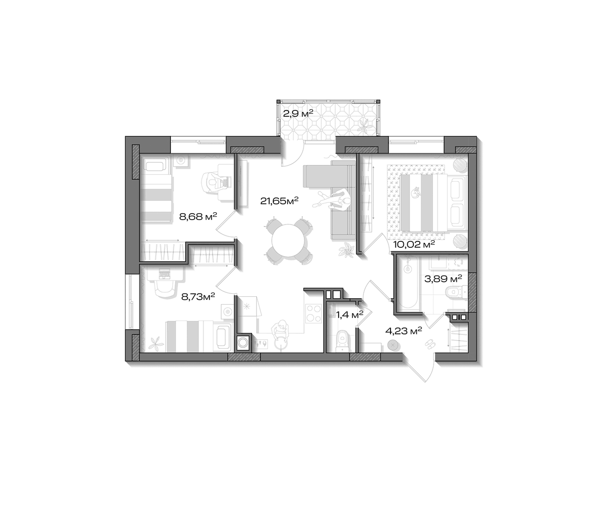Планировка трёхкомнатная 59.47 м² в ЖК «Аксиома.Возрождение», корпус 1