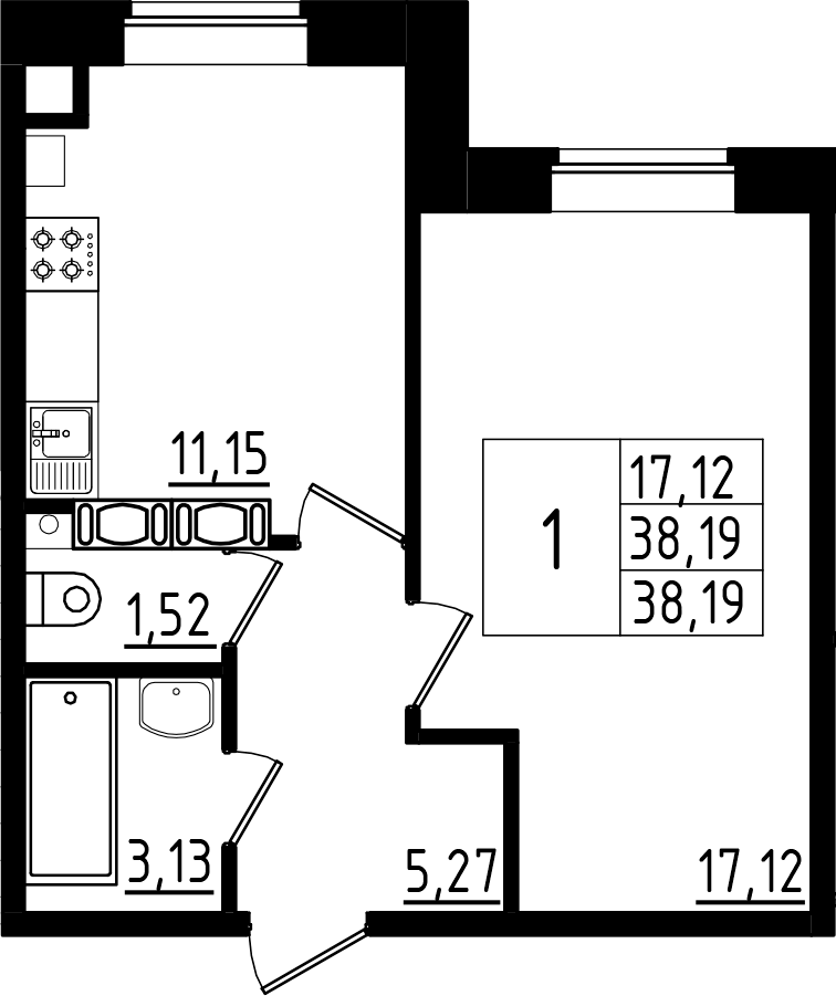 Планировка однокомнатная 38.19 м² в ЖК «Высоцкий», корпус 1