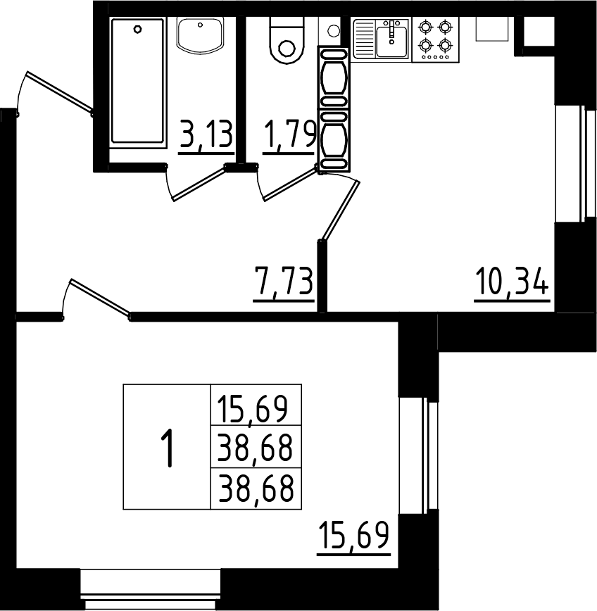 Планировка однокомнатная 38.68 м² в ЖК «Высоцкий», корпус 1