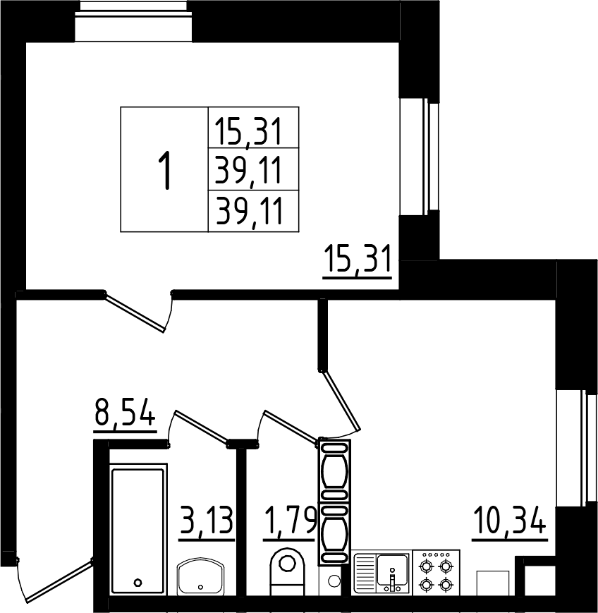 Планировка однокомнатная 39.11 м² в ЖК «Высоцкий», корпус 1