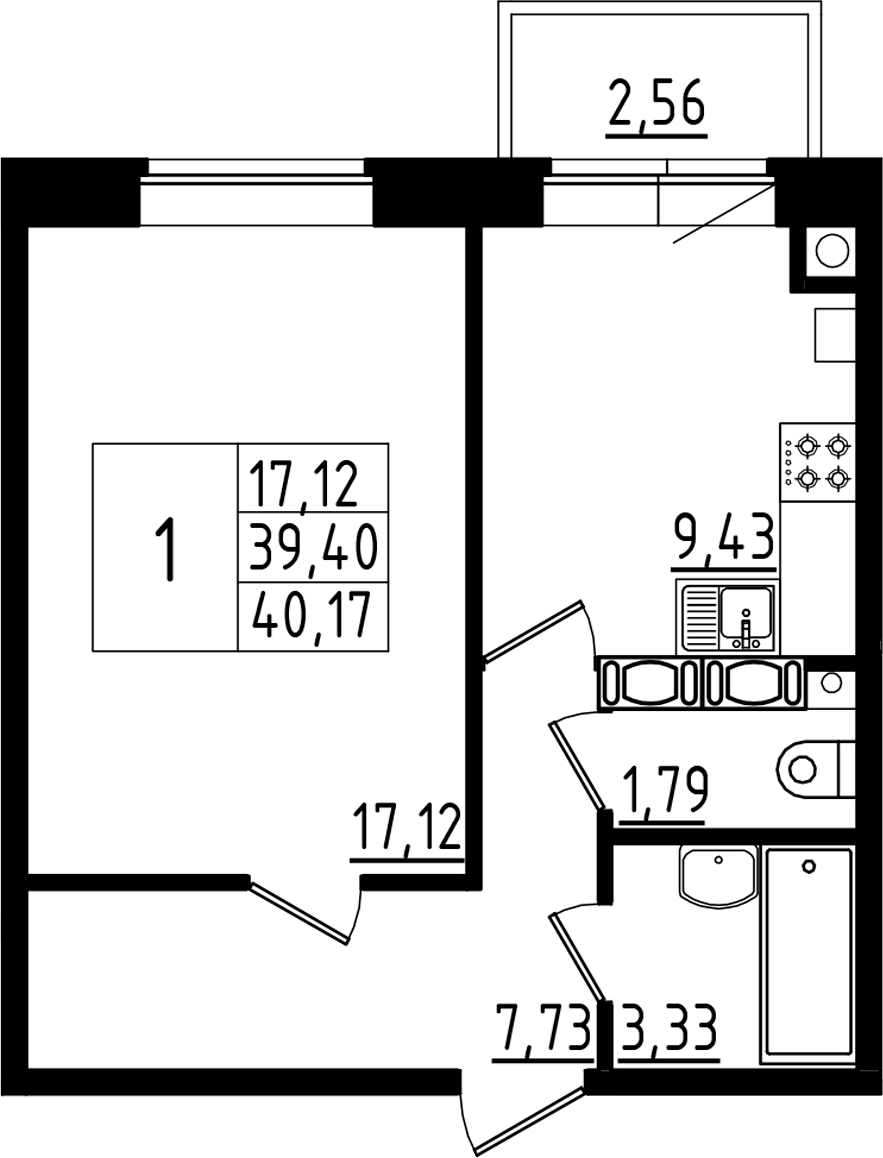 Планировка однокомнатная 40.17 м² в ЖК «Высоцкий», корпус 1