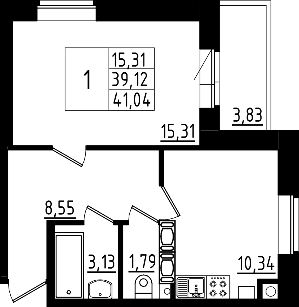 Планировка однокомнатная 41.04 м² в ЖК «Высоцкий», корпус 1