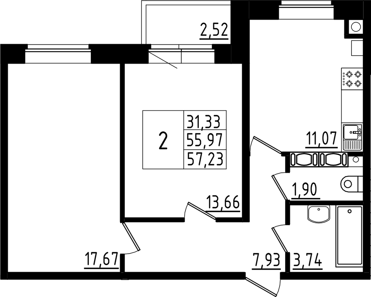 Планировка двухкомнатная 57.23 м² в ЖК «Высоцкий», корпус 1