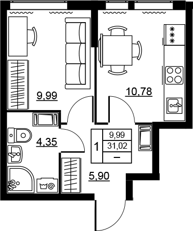 Планировка однокомнатная 31.02 м² в ЖК «Высота. Новодевяткино», корпус 3