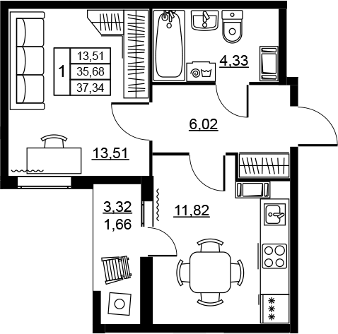 Планировка однокомнатная 37.34 м² в ЖК «Высота. Новодевяткино», корпус 3