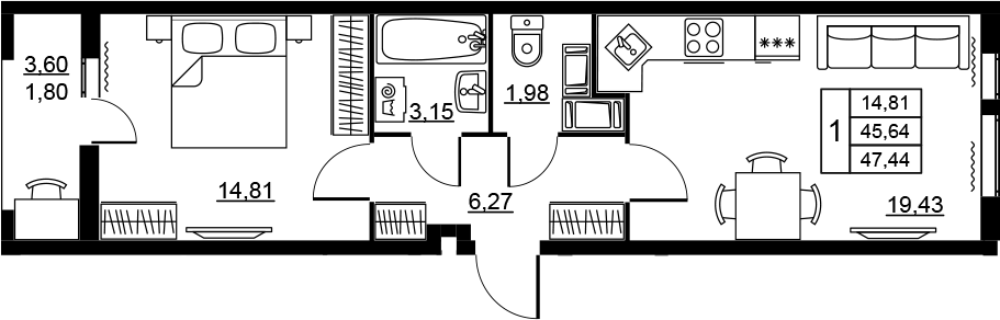 Планировка евродвушка (2Е) 47.44 м² в ЖК «Высота. Новодевяткино», корпус 3