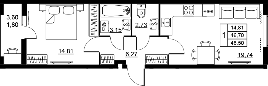 Планировка евродвушка (2Е) 48.5 м² в ЖК «Высота. Новодевяткино», корпус 3