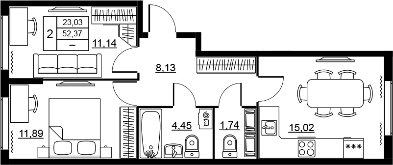 Планировка евротрёшка (3Е) 52.37 м² в ЖК «Высота. Новодевяткино», корпус 3