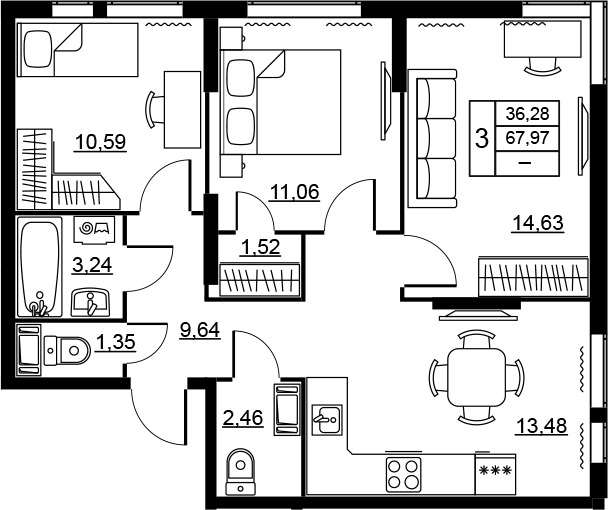 Планировка трёхкомнатная 67.97 м² в ЖК «Высота. Новодевяткино», корпус 3