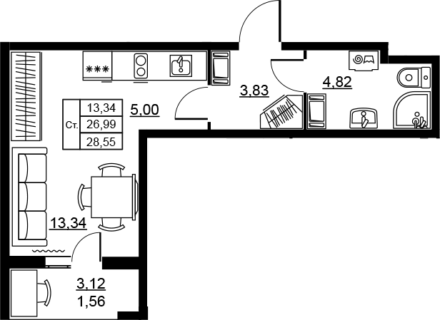 Планировка Студии 28.55 м² в ЖК «Высота. Новодевяткино», корпус 3