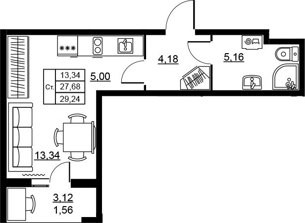 Планировка Студии 29.24 м² в ЖК «Высота. Новодевяткино», корпус 3