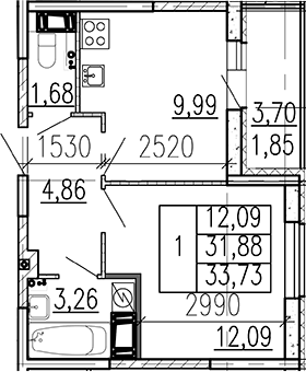 Планировка однокомнатная 33.73 м² в ЖК «Высота», корпус 1