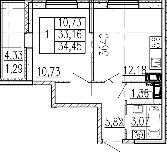 Планировка однокомнатная 34.45 м² в ЖК «Высота», корпус 1