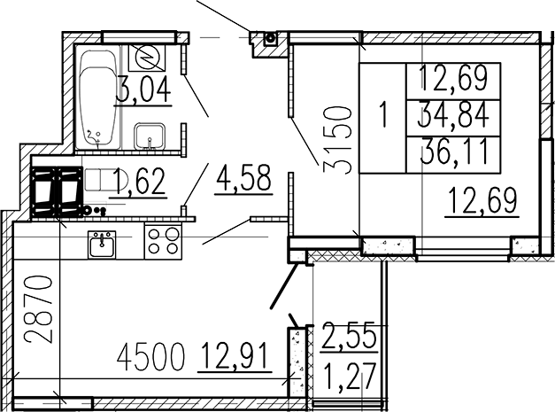 Планировка однокомнатная 36.11 м² в ЖК «Высота», корпус 1