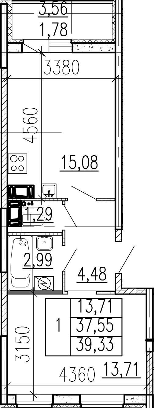 Планировка однокомнатная 39.33 м² в ЖК «Высота», корпус 1