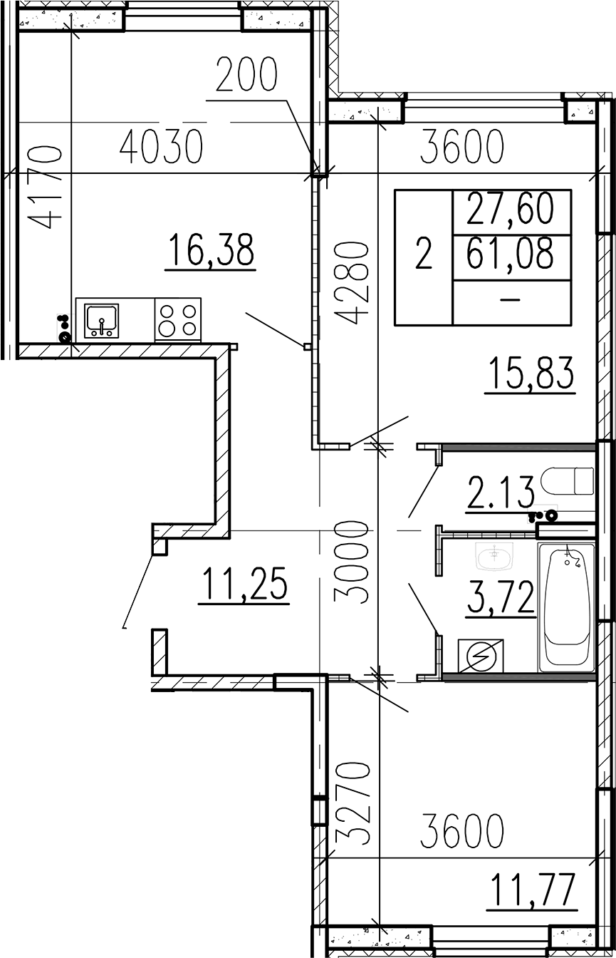 Планировка двухкомнатная 61.08 м² в ЖК «Высота», корпус 1