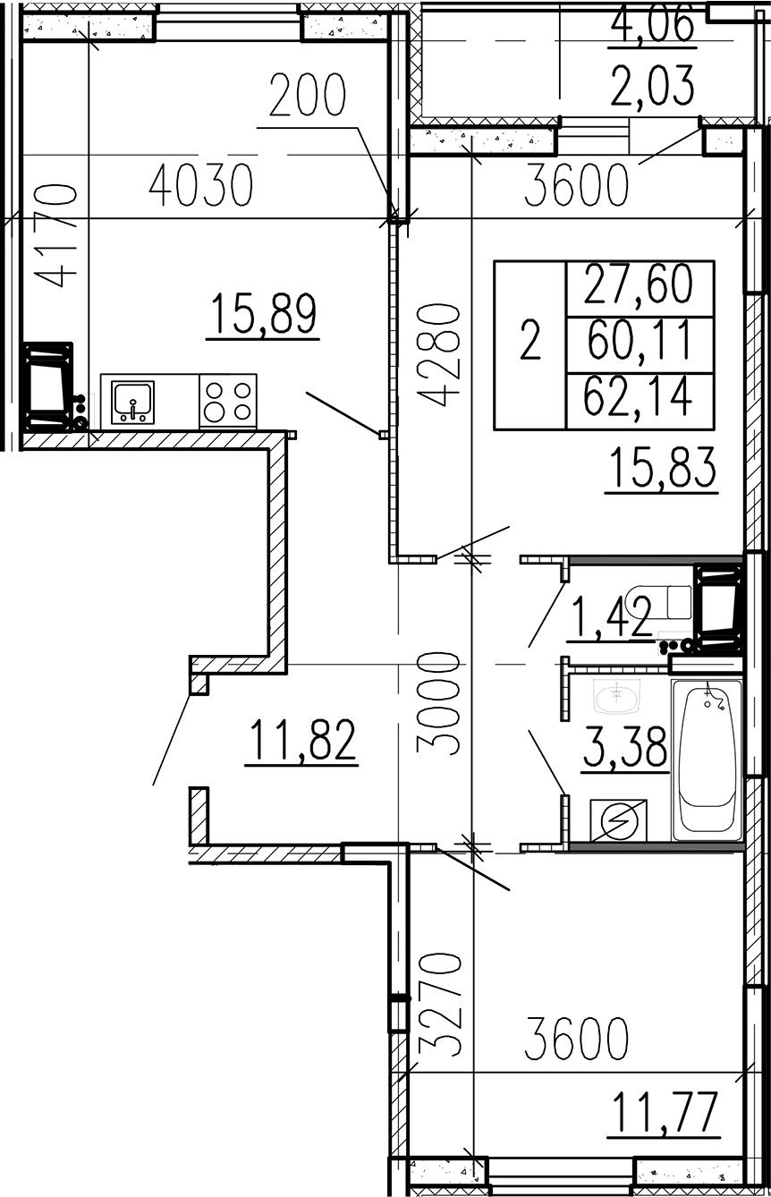 Планировка двухкомнатная 62.14 м² в ЖК «Высота», корпус 1