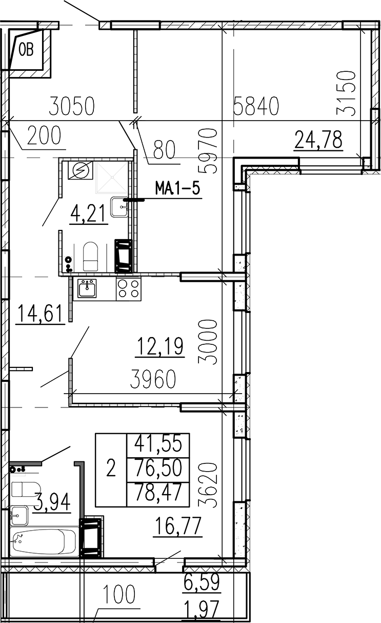 Планировка двухкомнатная 78.47 м² в ЖК «Высота», корпус 1