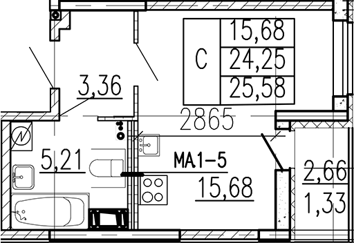 Планировка Студии 25.58 м² в ЖК «Высота», корпус 1