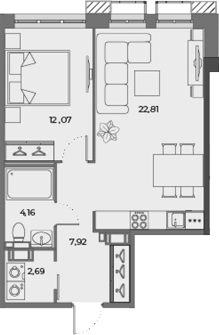 Планировка евродвушка (2Е) 48.48 м² в ЖК «Взлетная 16», корпус 2