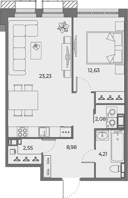 Планировка евродвушка (2Е) 52.46 м² в ЖК «Взлетная 16», корпус 1