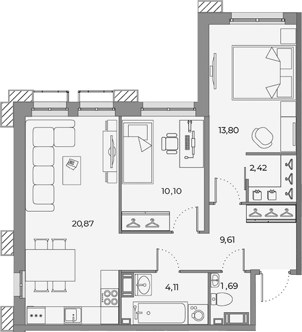 Планировка евротрёшка (3Е) 62.6 м² в ЖК «Взлетная 16», корпус 1