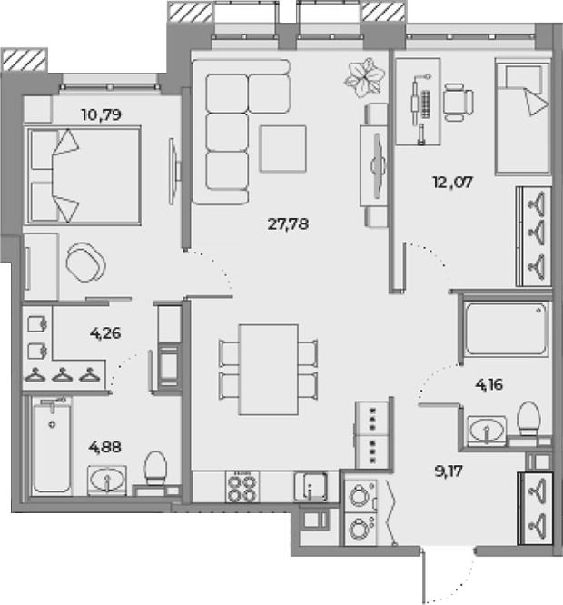 Планировка евротрёшка (3Е) 71.59 м² в ЖК «Взлетная 16», корпус 2