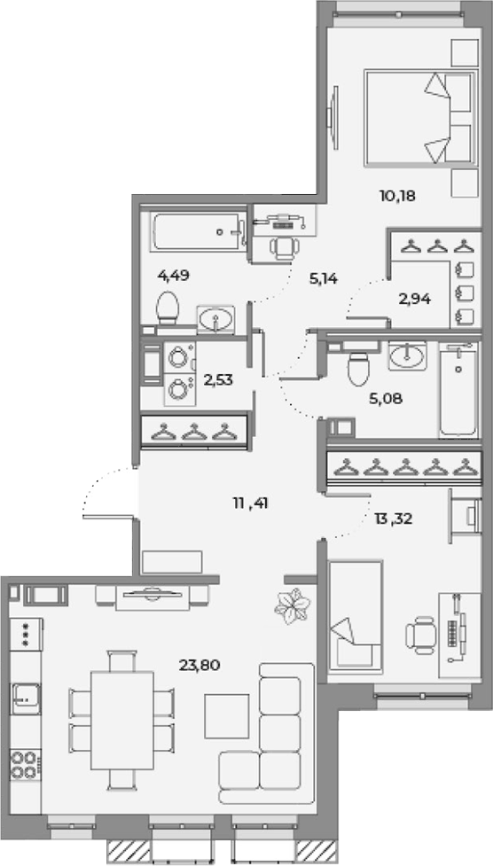 Планировка евротрёшка (3Е) 75.42 м² в ЖК «Взлетная 16», корпус 2