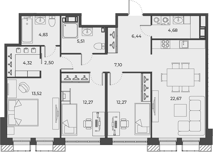 Планировка евро-4 (4Е) 97.89 м² в ЖК «Взлетная 16», корпус 3