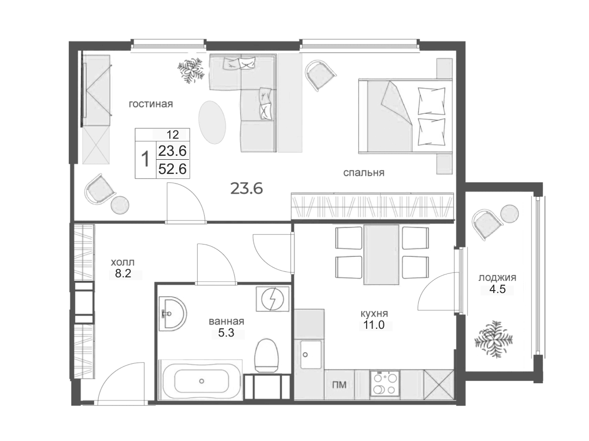 Планировка однокомнатная 52.6 м² в ЖК «Wings», корпус 2